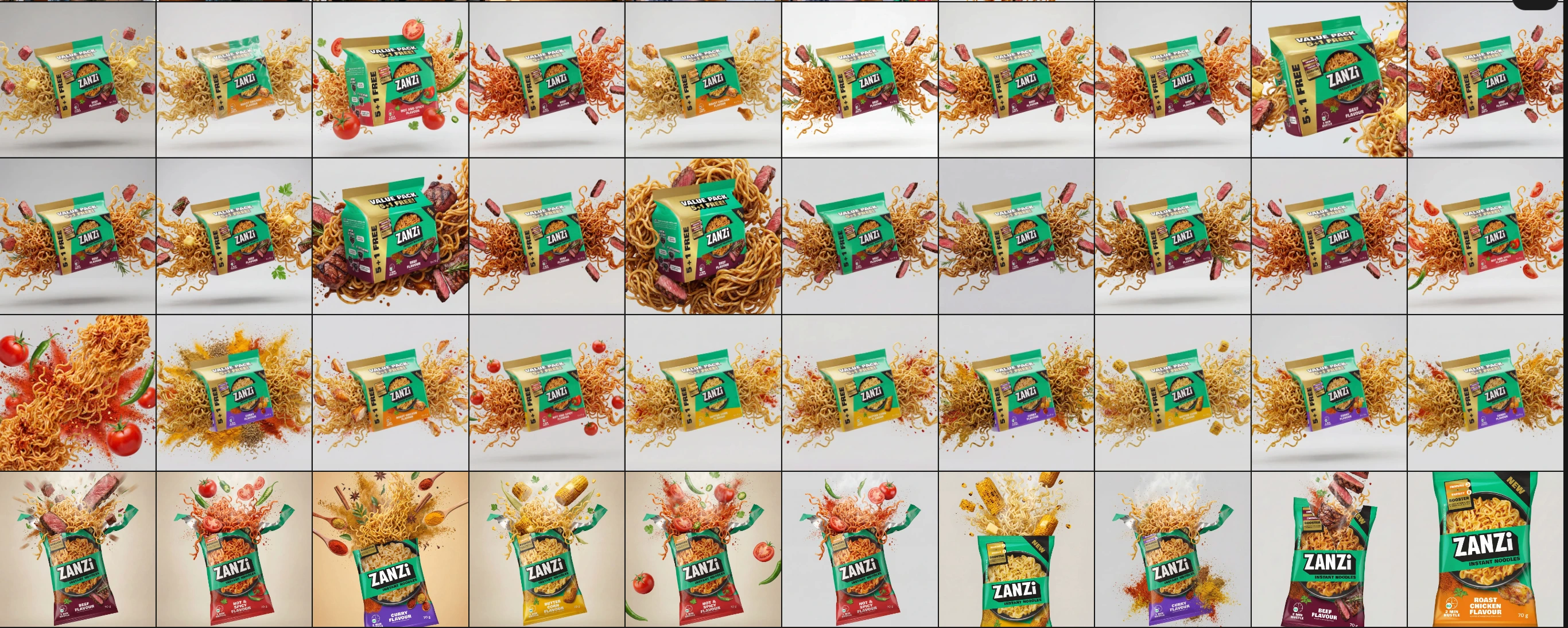 Zanzi creative exploration board showing variations in pack composition, noodles, ingredients and flavour imagery