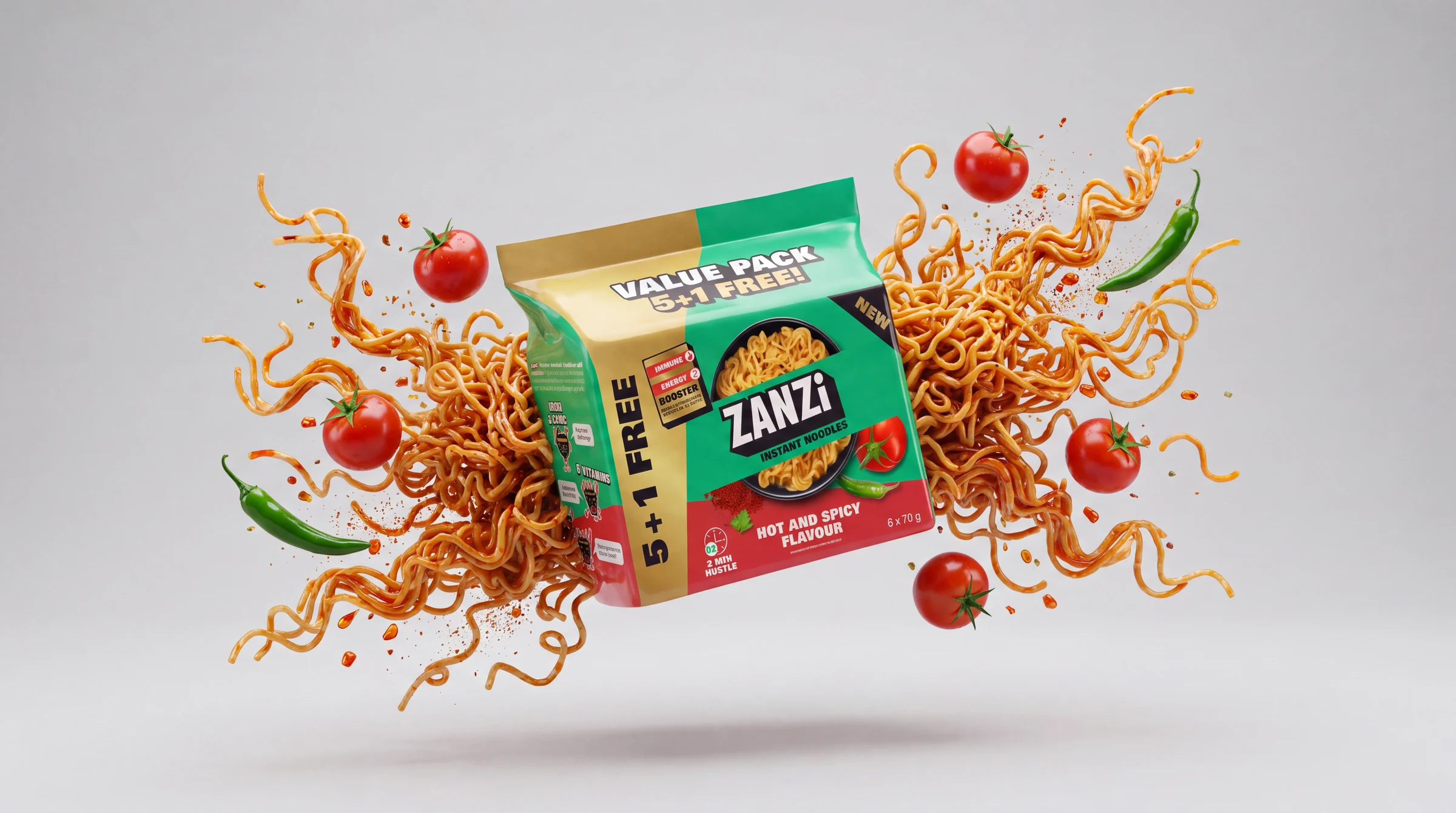 Zanzi Hot and Spicy value pack surrounded by noodles, tomatoes and green chillies